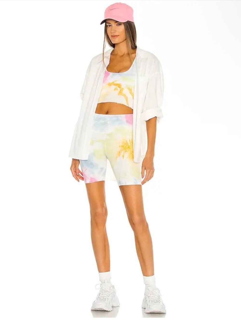 Spiritual Gangster White Tie-Dye High-Waist Bike Shorts - Pink Blue Green Gold